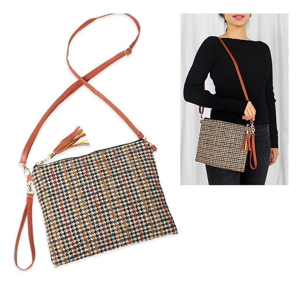 NWT Glen check woven fabric cross body bag and wristlet strap.